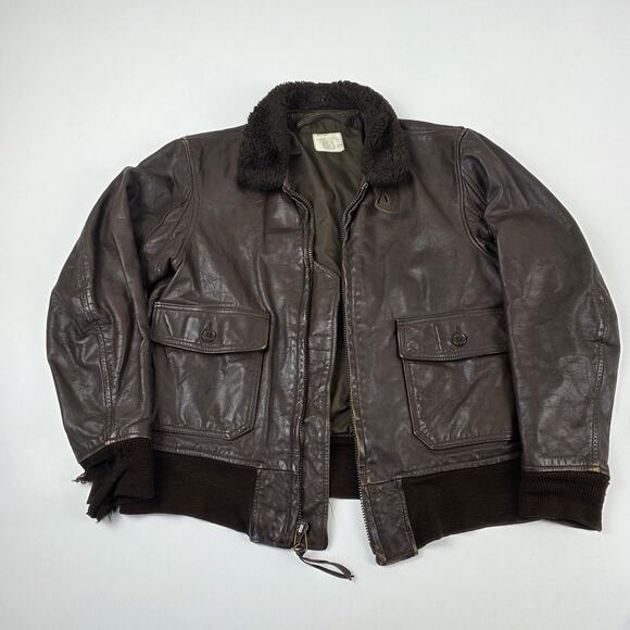 VINTAGE Brill Bros G-1 Flight Jacket Mens 42 Brown Leather Mouton Collar USN 80s - Picture 1 of 16